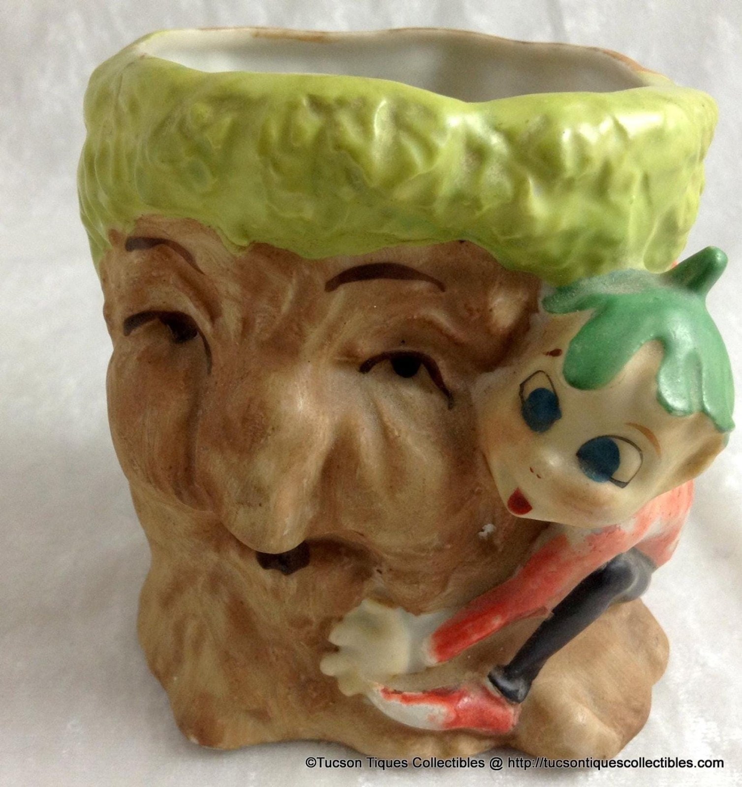 Pixie Garden Pot, Elf Stump Planter, Hand-Painted Ceramic Face Vase, 1950s Whimsical Decor