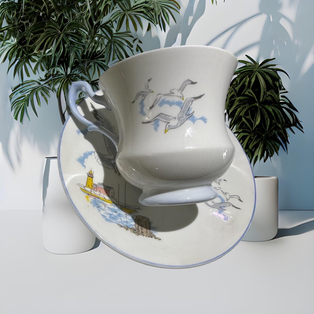 Queen's Rosina Seagull Blue Coastal China Vintage Cup and Saucer Set |