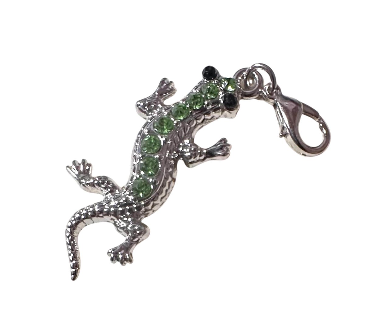 Rhinestone Gecko Charm: Silver-Tone Lizard, Green & Red Accents