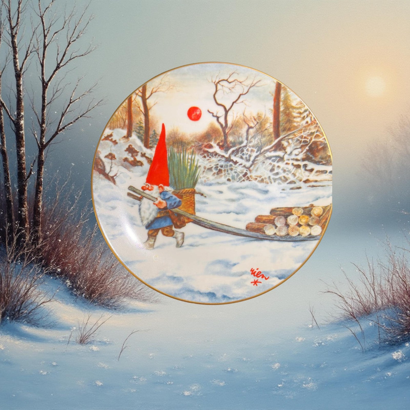Rien Poortvliet Winter Gnome Collector Plate | Keep The Gnome Fires Burning 1982