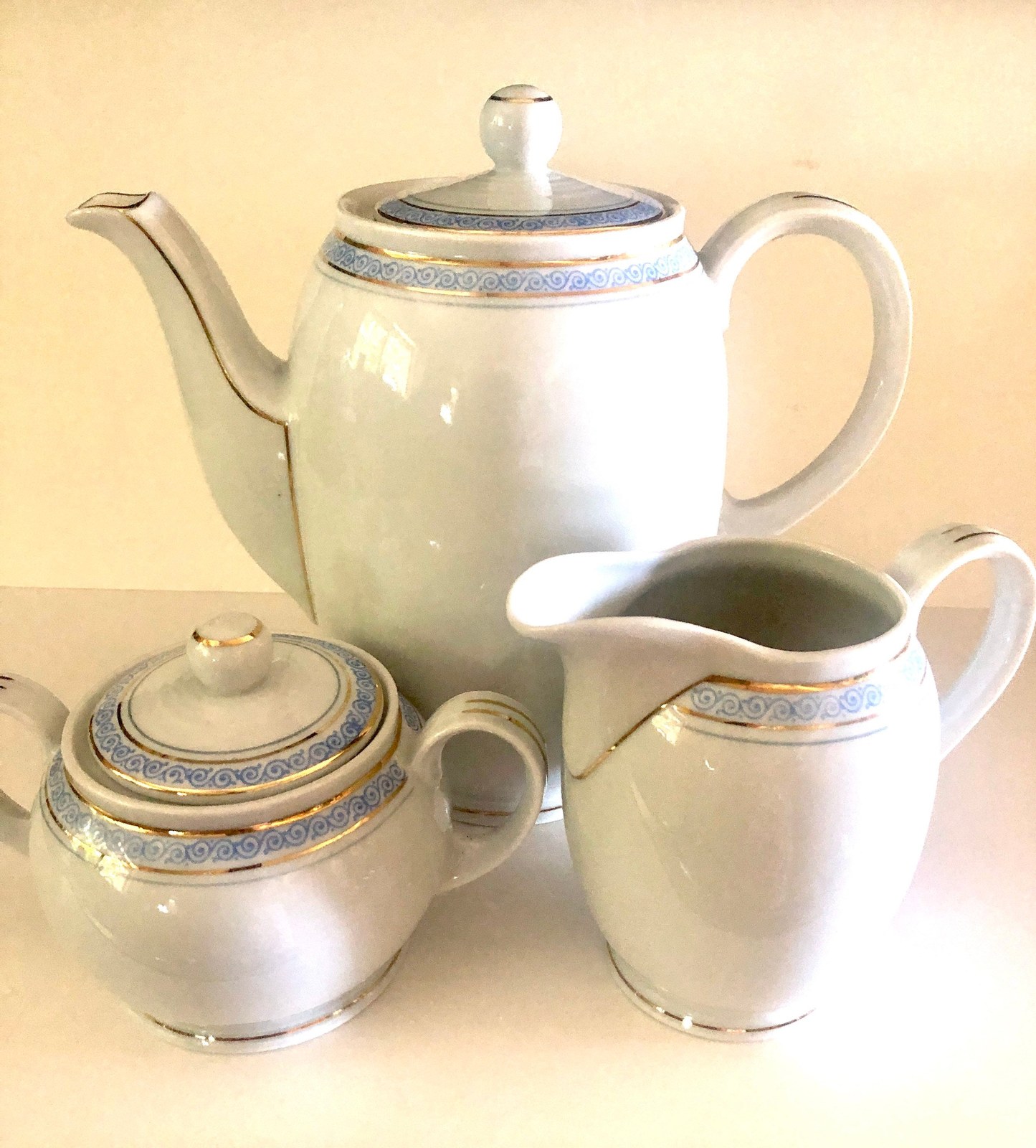 Rosenthal China Exquisite Teapot Set With Sugar Bowl, Porcelain Tea Set, Classic Blue Trim