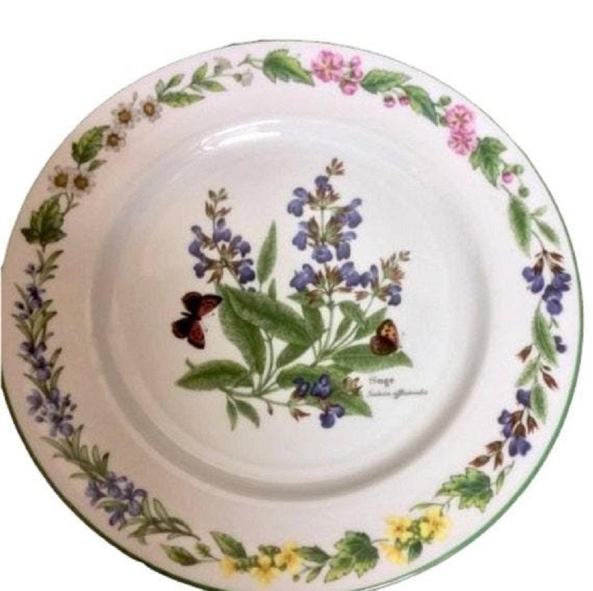 Royal Worcester Sage Salad Plates, 2 Vintage Herb Illustration, Porcelain Tableware Pieces