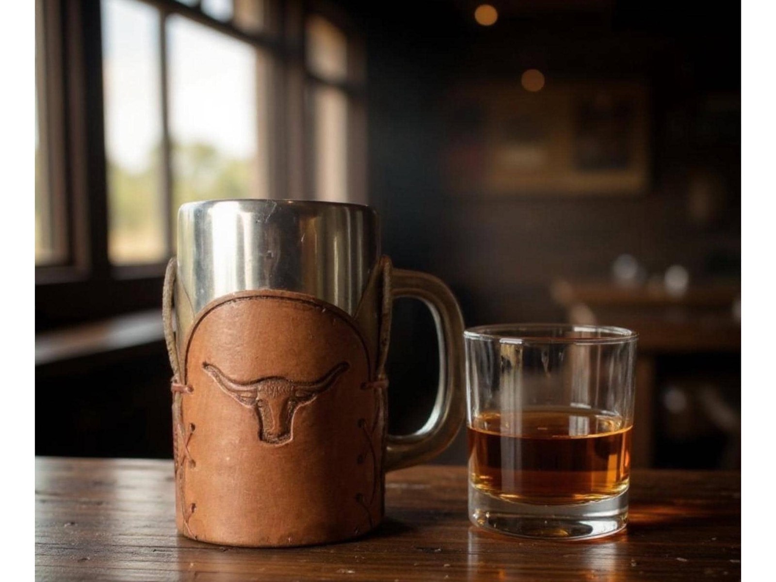 Rustic Laced Leather Beer Mugs Steer Sleeve, Vintage Glass