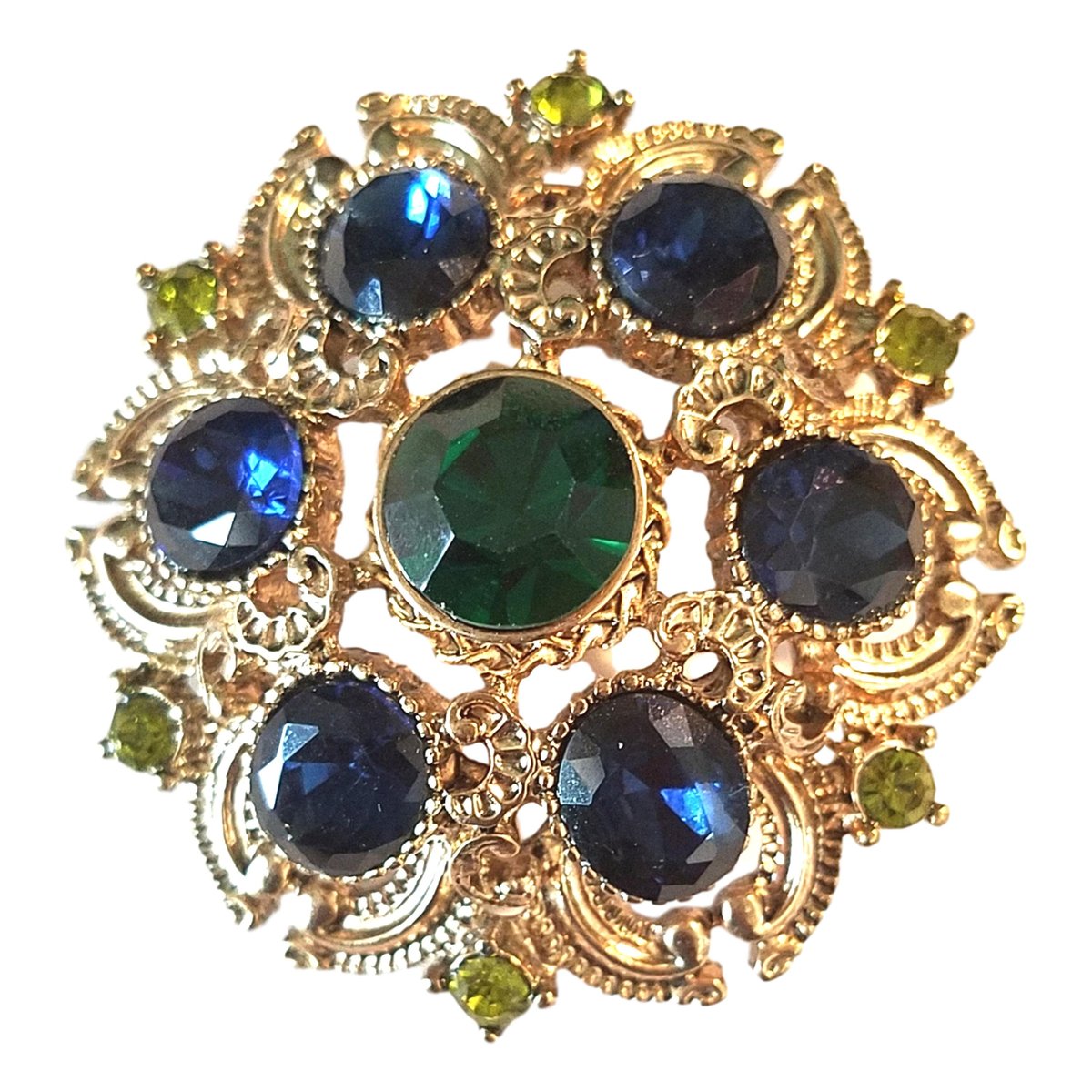 Sagin Sparkly Rhinestone Brooch, Gold Tone, Blue Green