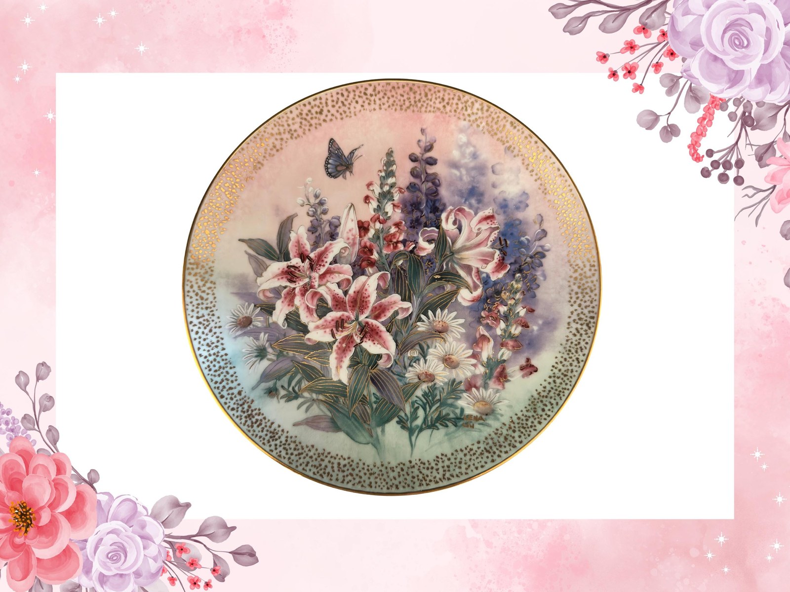 Sapphire Wings Iris Flowers Butterfly Wall Decor | Fine China Porcelain Plate with COA
