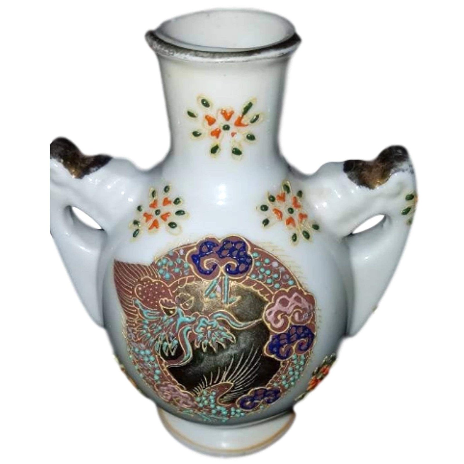 Satsuma Design Japanese Pottery Porcelain Miniature Vase with Handles