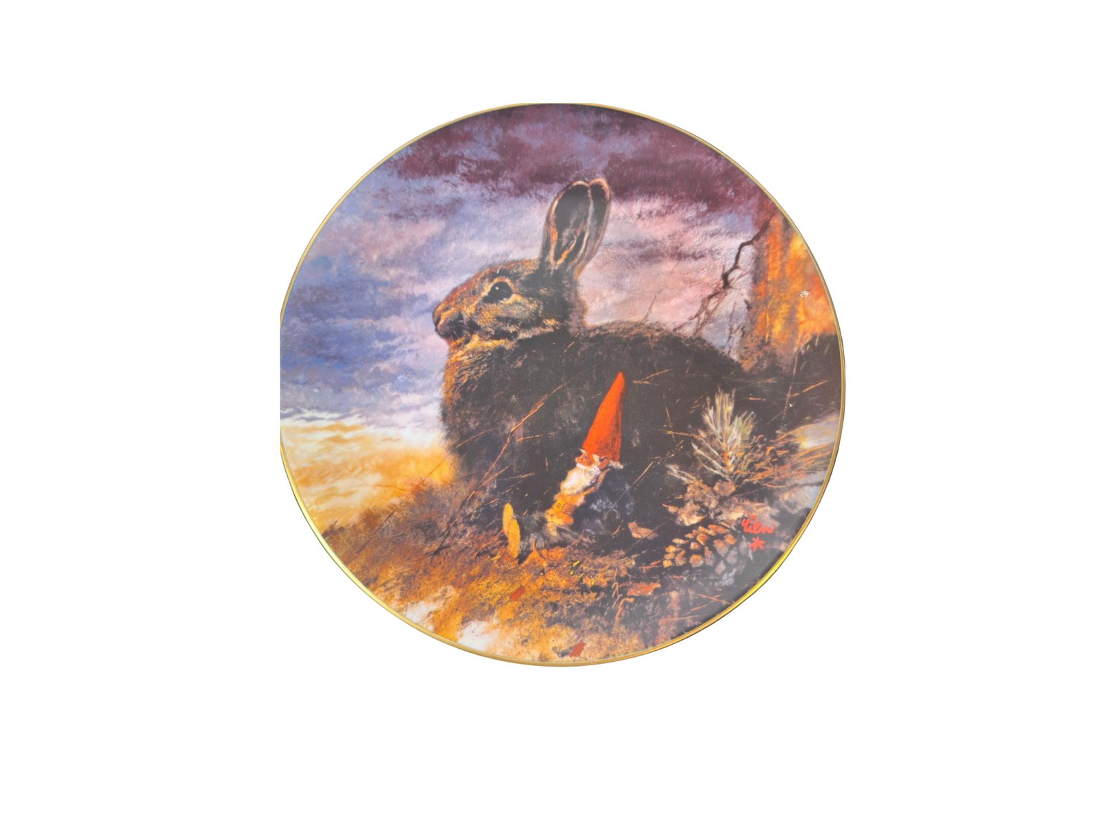 Skating Gnome Plate, 1980 Fairmount Porcelain Wall Hanging, Vintage Brown Blue Winter Lake Scene