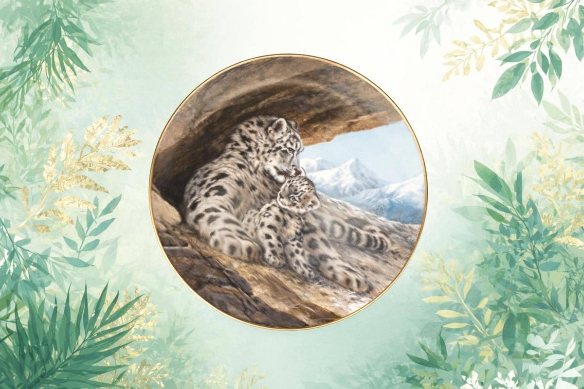 Snow Leopard Collector Plate, Ceramic Wall Art, 1980s Wildlife, Will Nelson Design