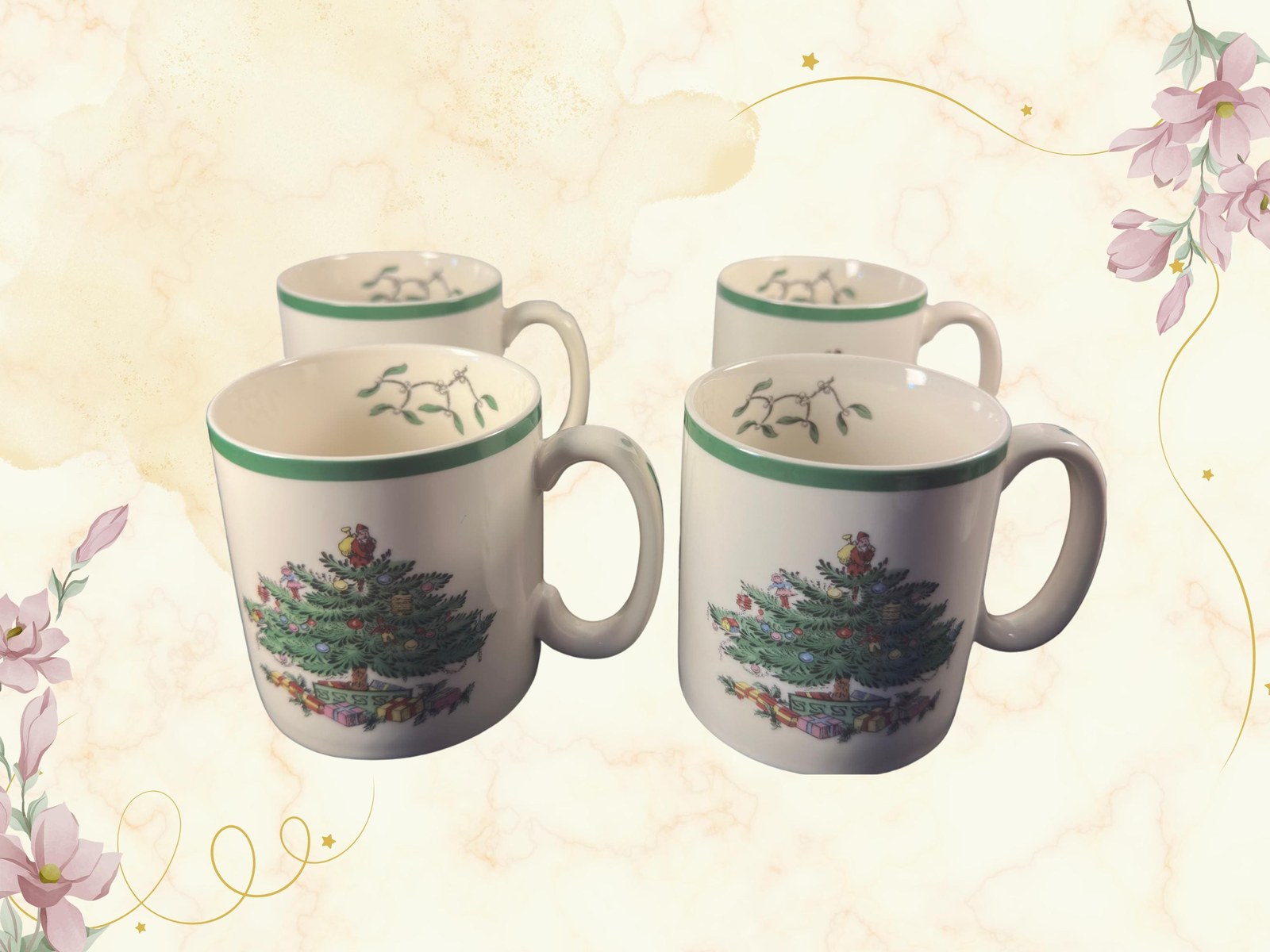 Spode Christmas tree mug set, vintage green rim mugs