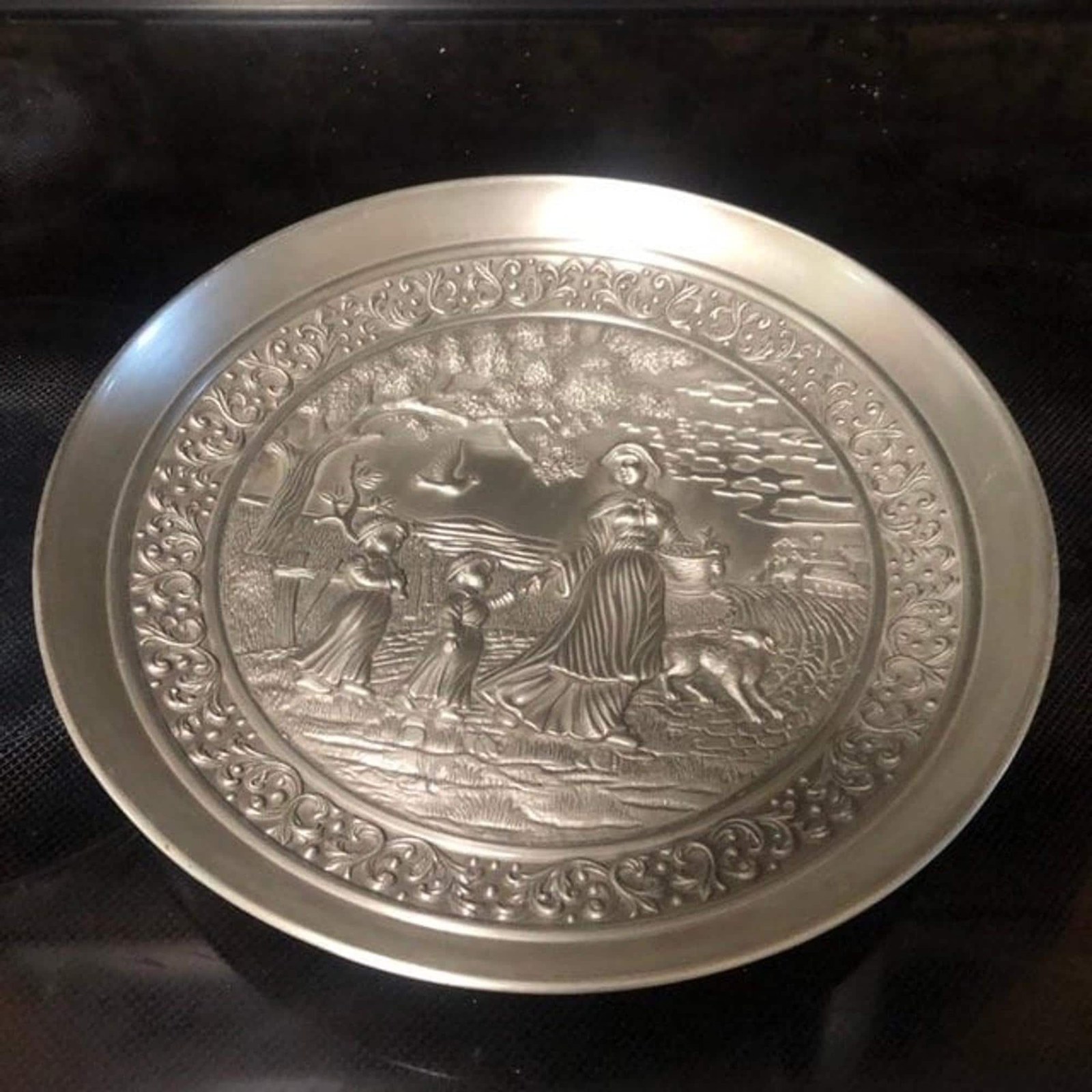 Three Dimensional Pewter Wall Plate: High Relief Mother and Children Decor