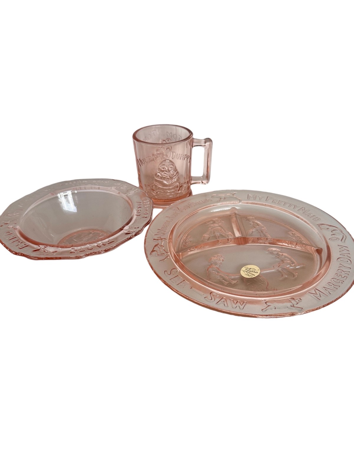 Tiara Glass Pink Blush Indiana Glass Nursery Rhymes Child's Snack Set