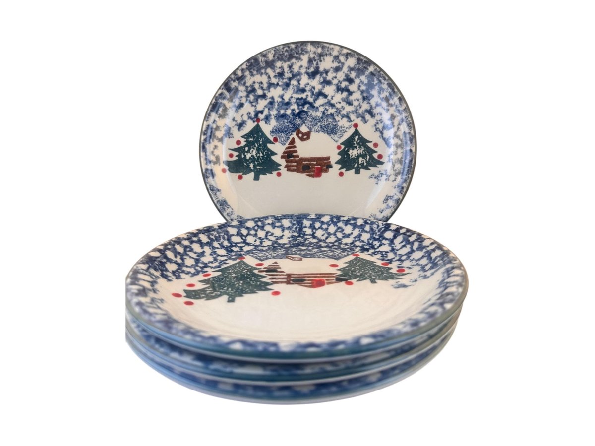 Tienshan Cottagecore Blue Spongeware Dishes - Set of 4 Cabin in Snow Salad Plates: