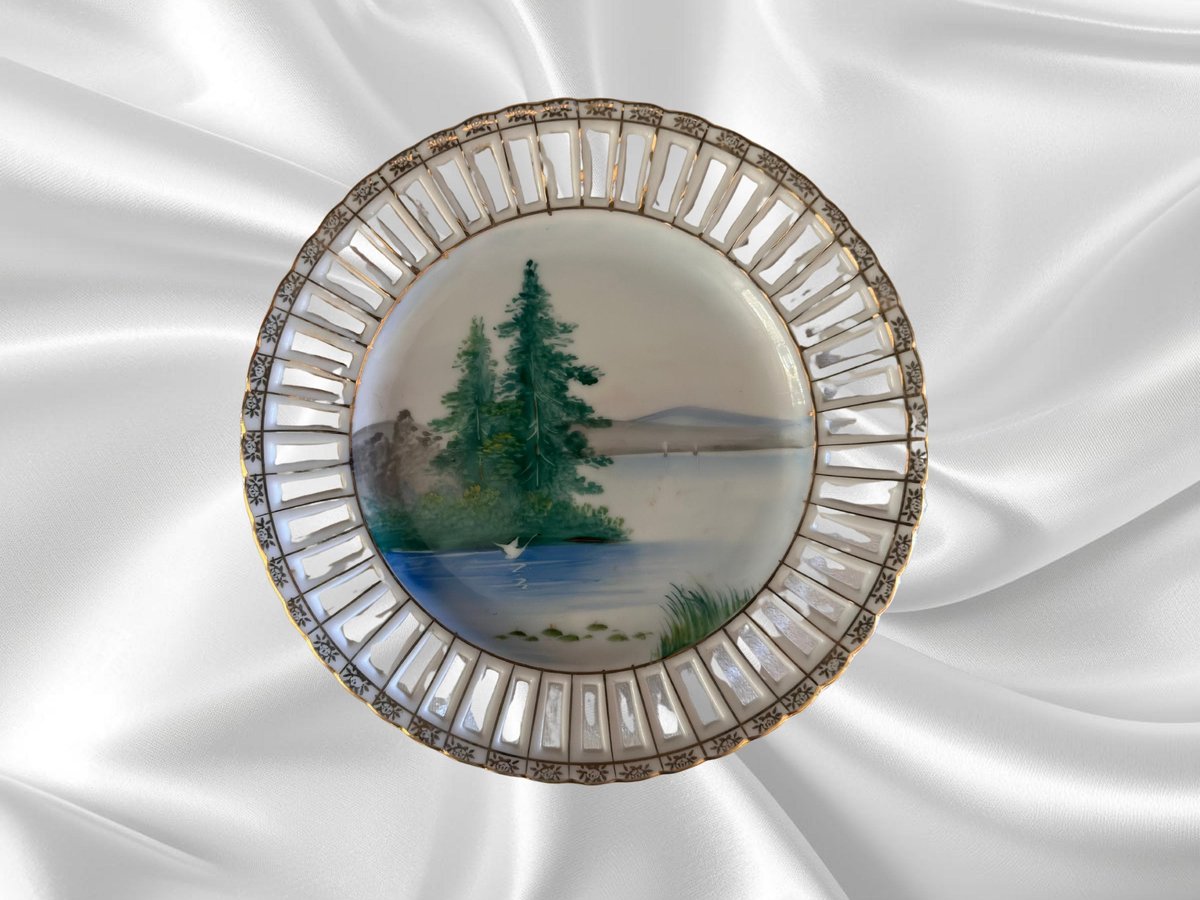 UCAGO Hand Painted Plate, Lake Scene Plate, Pine Trees, Porcelain, Made In Japan