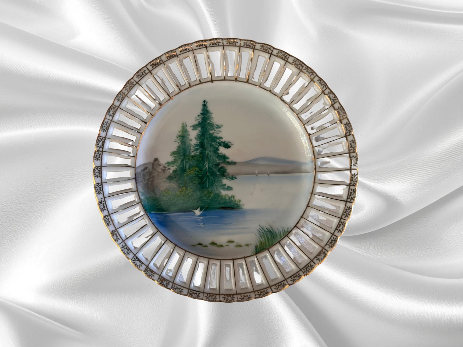 UCAGO Hand Painted Plate, Lake Scene Plate, Pine Trees, Porcelain, Made In Japan