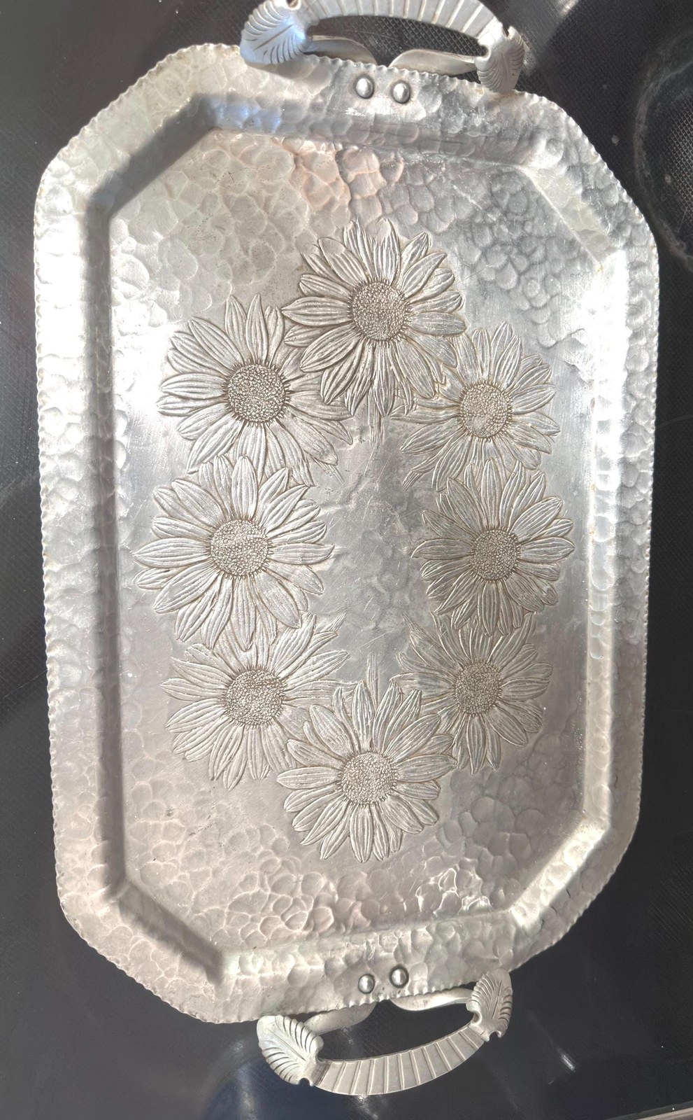 Vintage Aluminum Serving Tray Continental #555 Daisy Relief Hand Wrought Bar Cart Decor