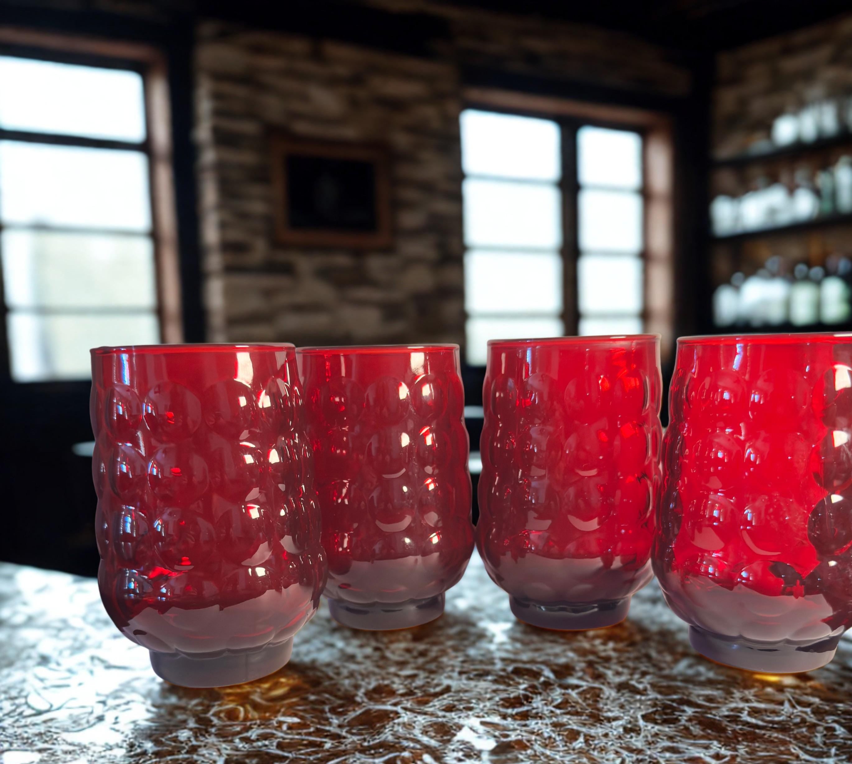 Vintage Anchor Hocking Bubble Tumblers, Ruby Red Glassware Set of 4, Retro Hostess Gift
