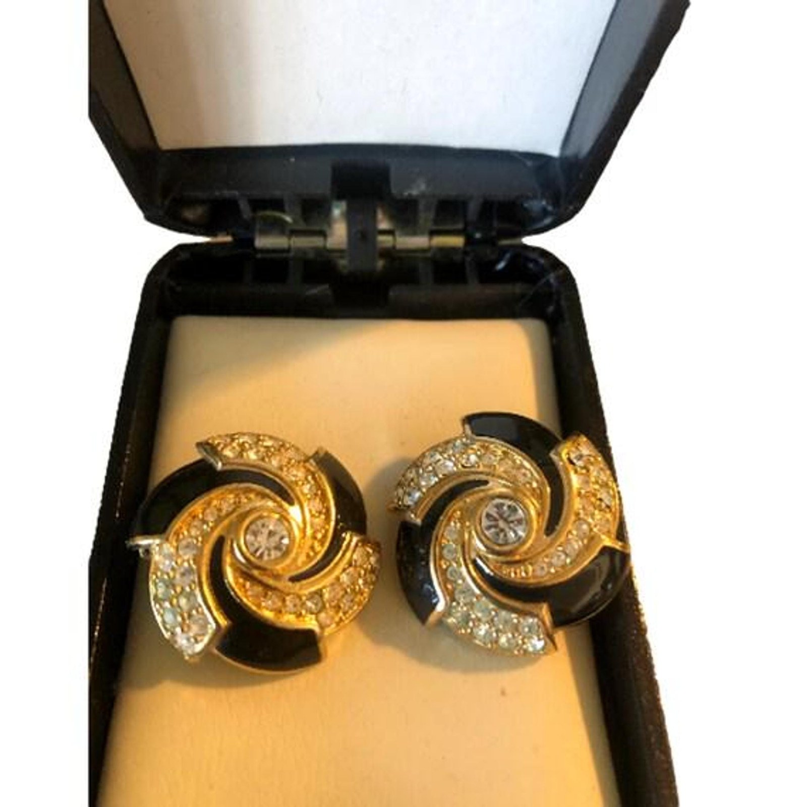 Vintage Black Enamel Crystal Swirl Clip On Earrings | Gold Tone Costume Jewelry