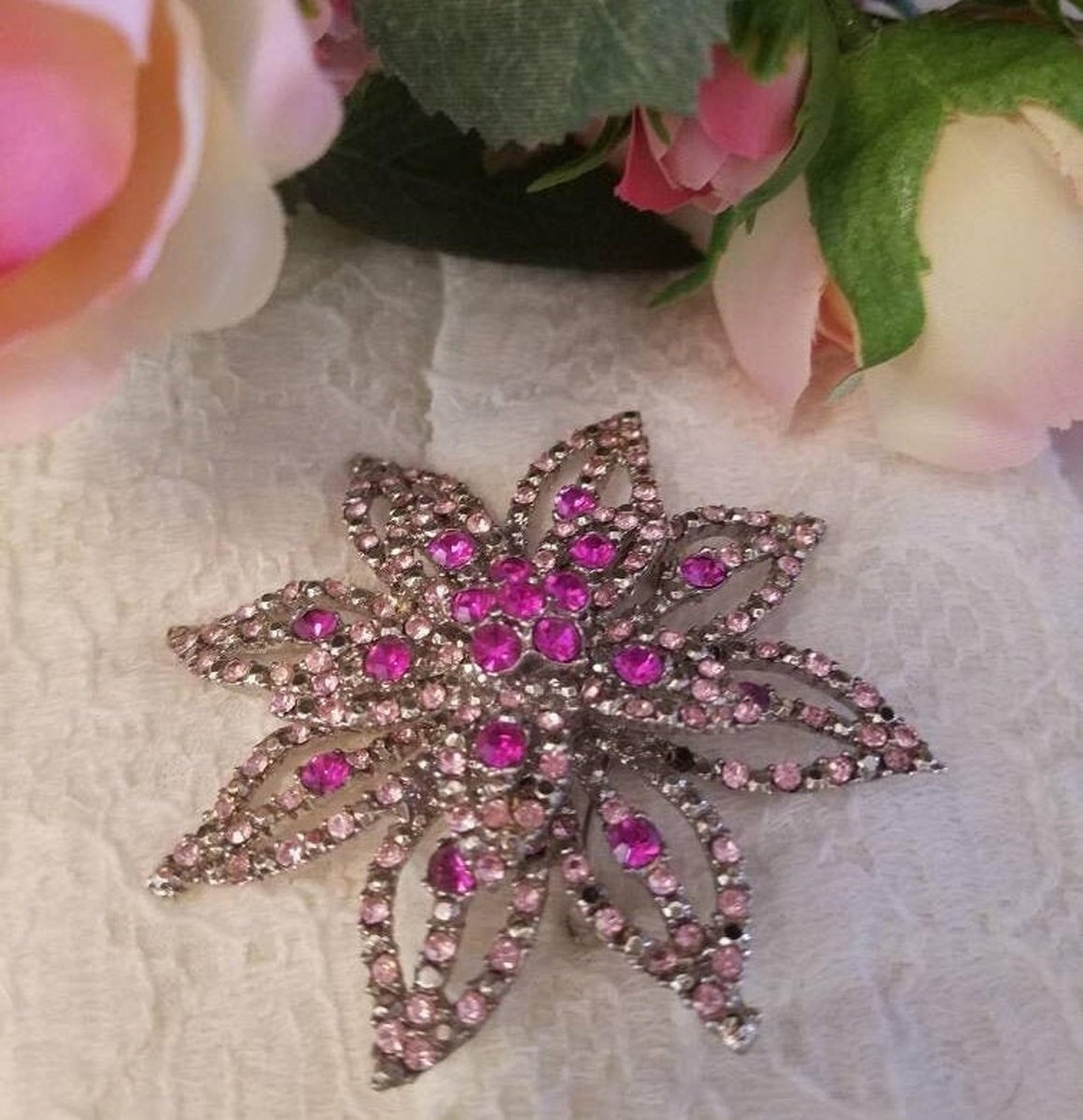 Vintage Brooch Pink Rhinestone, Floral Decorative Pin, 1950s Style
