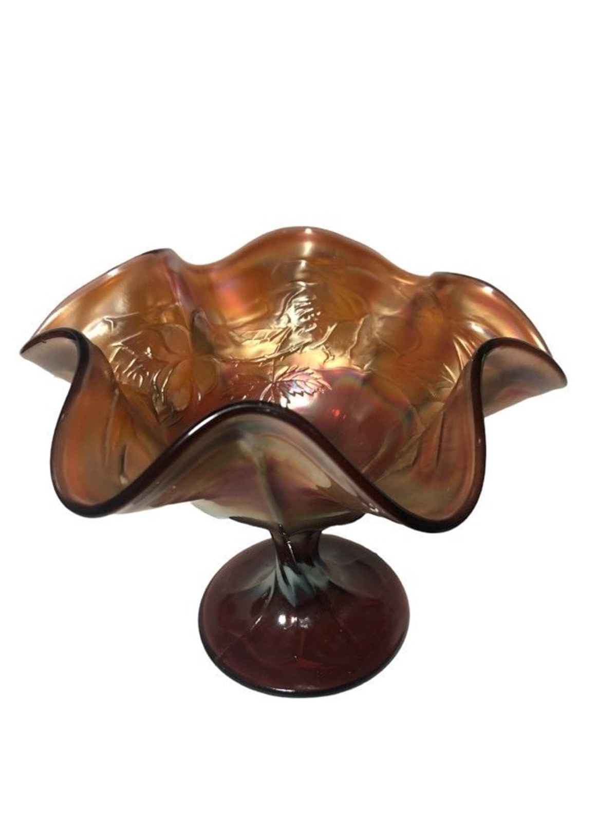 Vintage Carnival Glass Compote or Pedestal Dish Wreath of Roses Amber Marigold