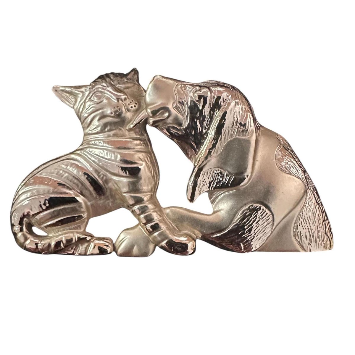 Vintage Cat Dog Brooch, Silver Colored Pin For Pet Lover
