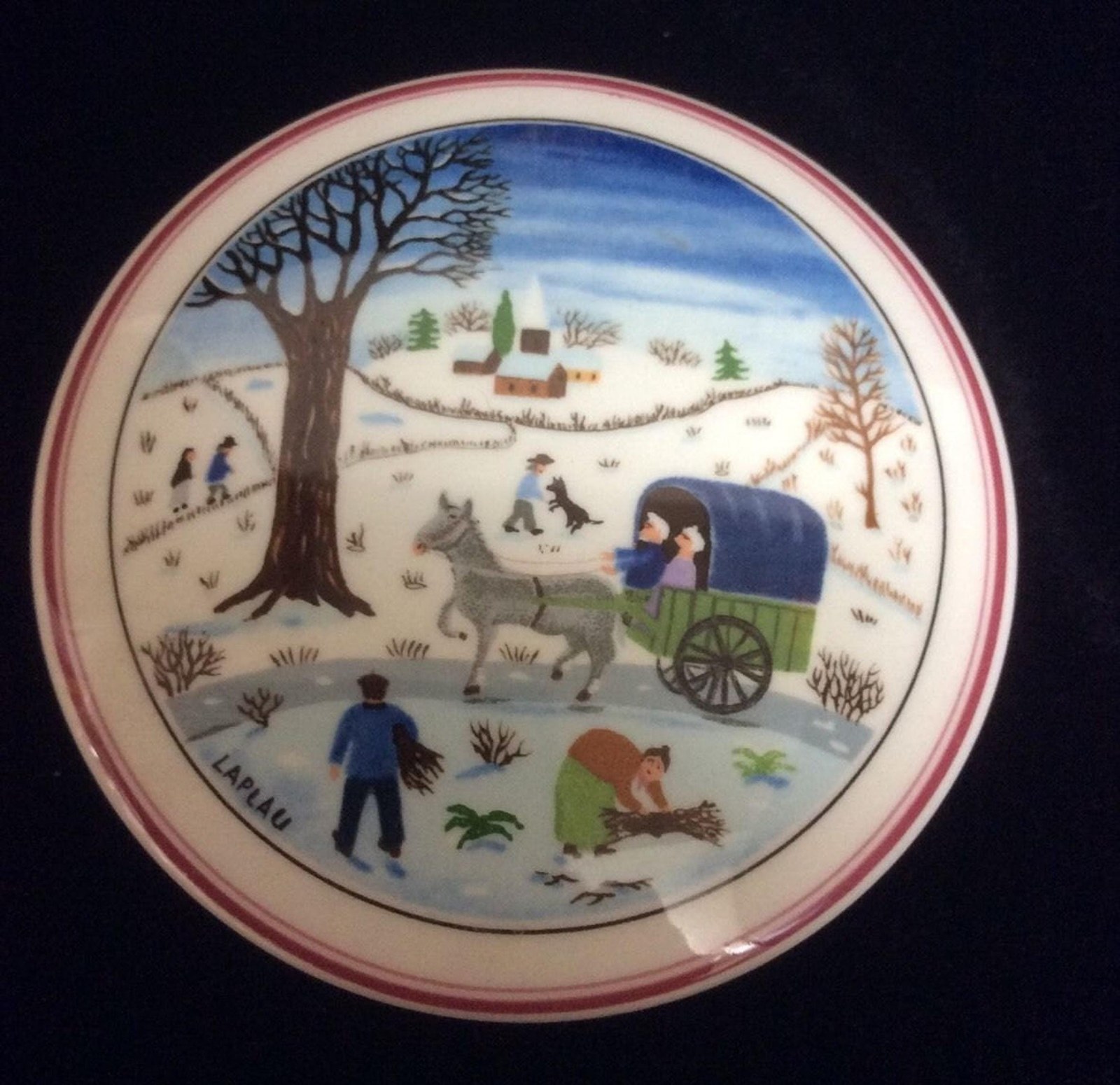 Vintage Christmas Naif Porcelain Trinket Box, German Winter Scene Jewelry Dish