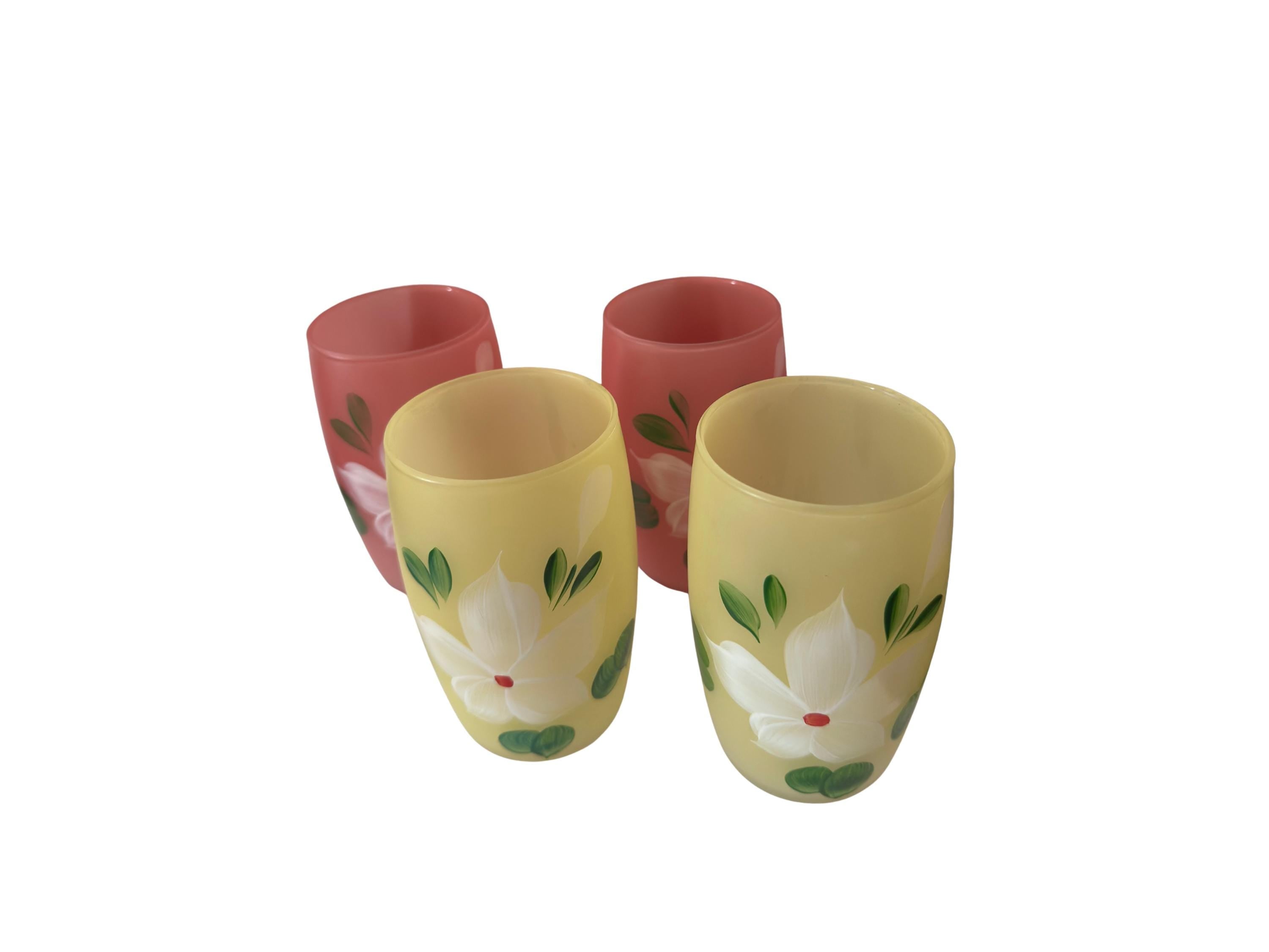 Vintage Floral Drinking Glasses, Hand painted pink and yellow set of 4, Retro Tableware