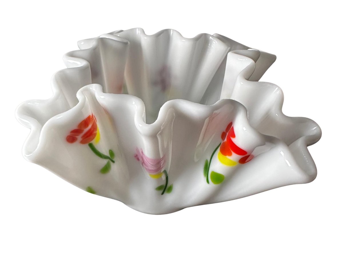 Vintage Floral Handkerchief Glass Bowl, Mid Century Home Accent, Ruffled Design