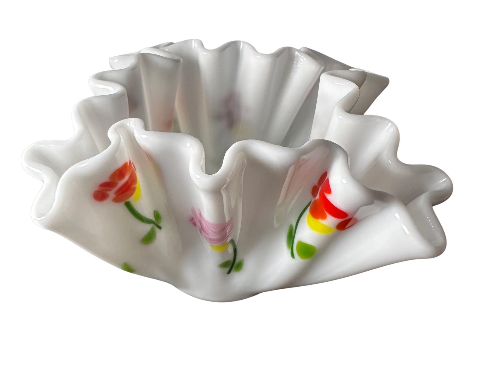 Vintage Floral Handkerchief Glass Bowl, Mid Century Home Accent, Ruffled Design