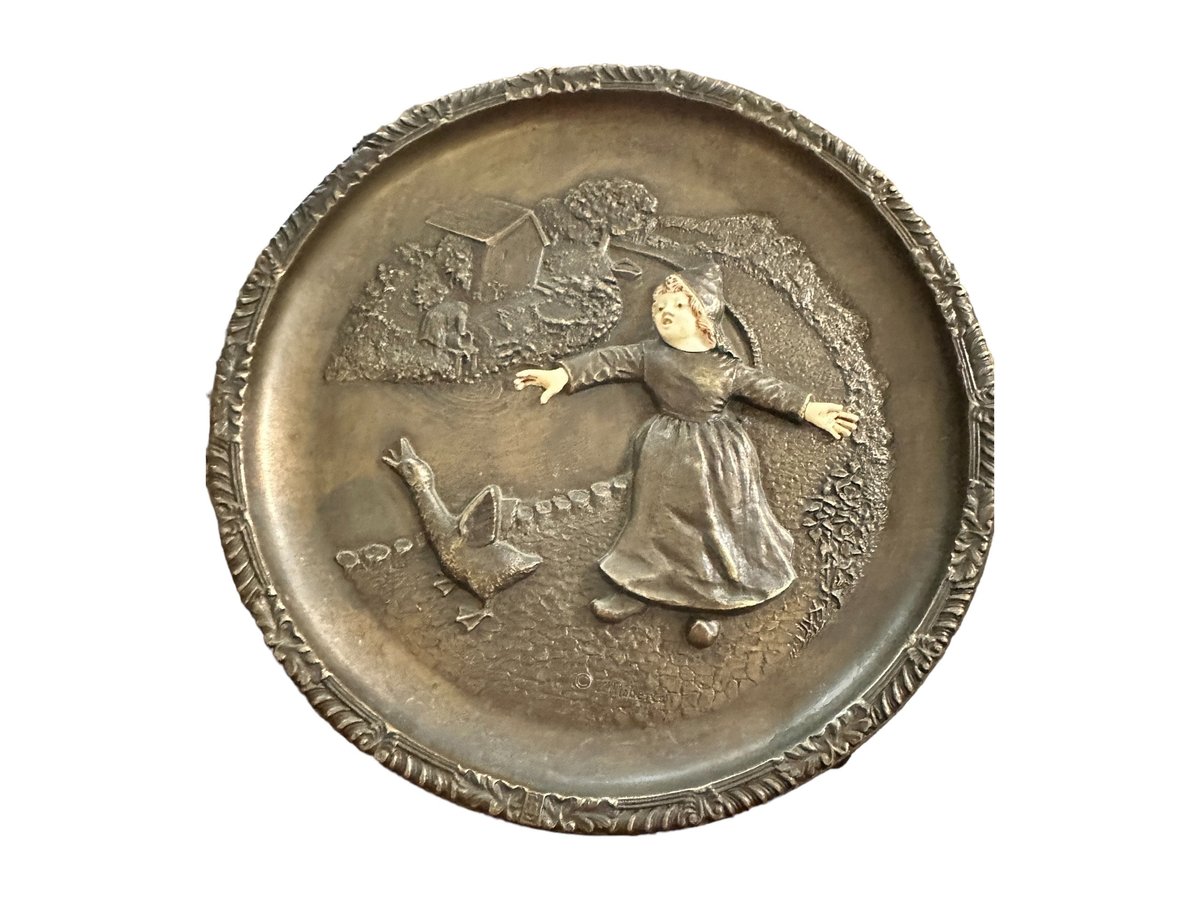 Vintage French Bronze Decorative Plate: Girl Chasing Goose, Incolay Ivory Relief