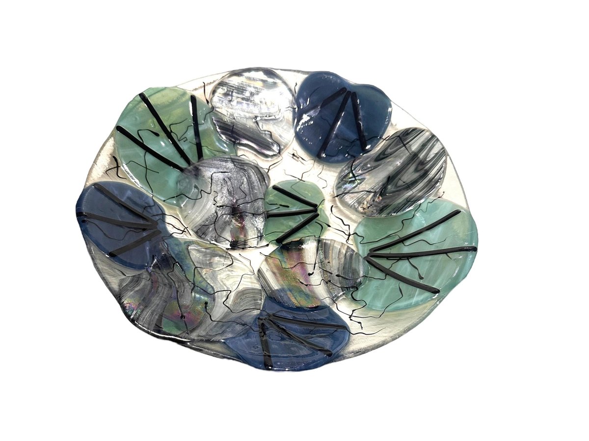 Vintage Fused Glass Water Lily Bowl, Lily Pad Decor, Green Teal Centerpiece