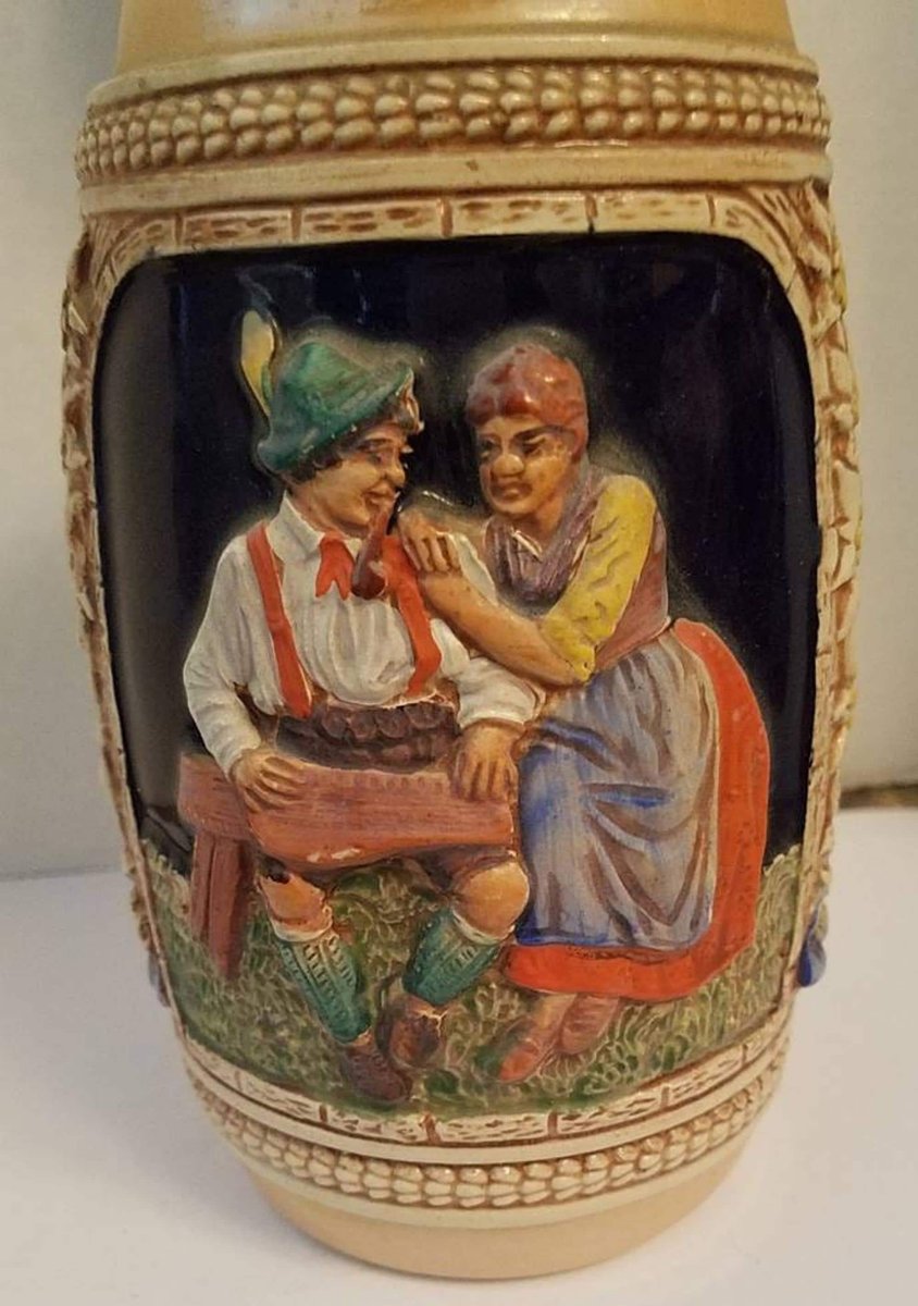 Vintage German Beer Stein With Lid, Village Scene, Rustic Man Cave Decor