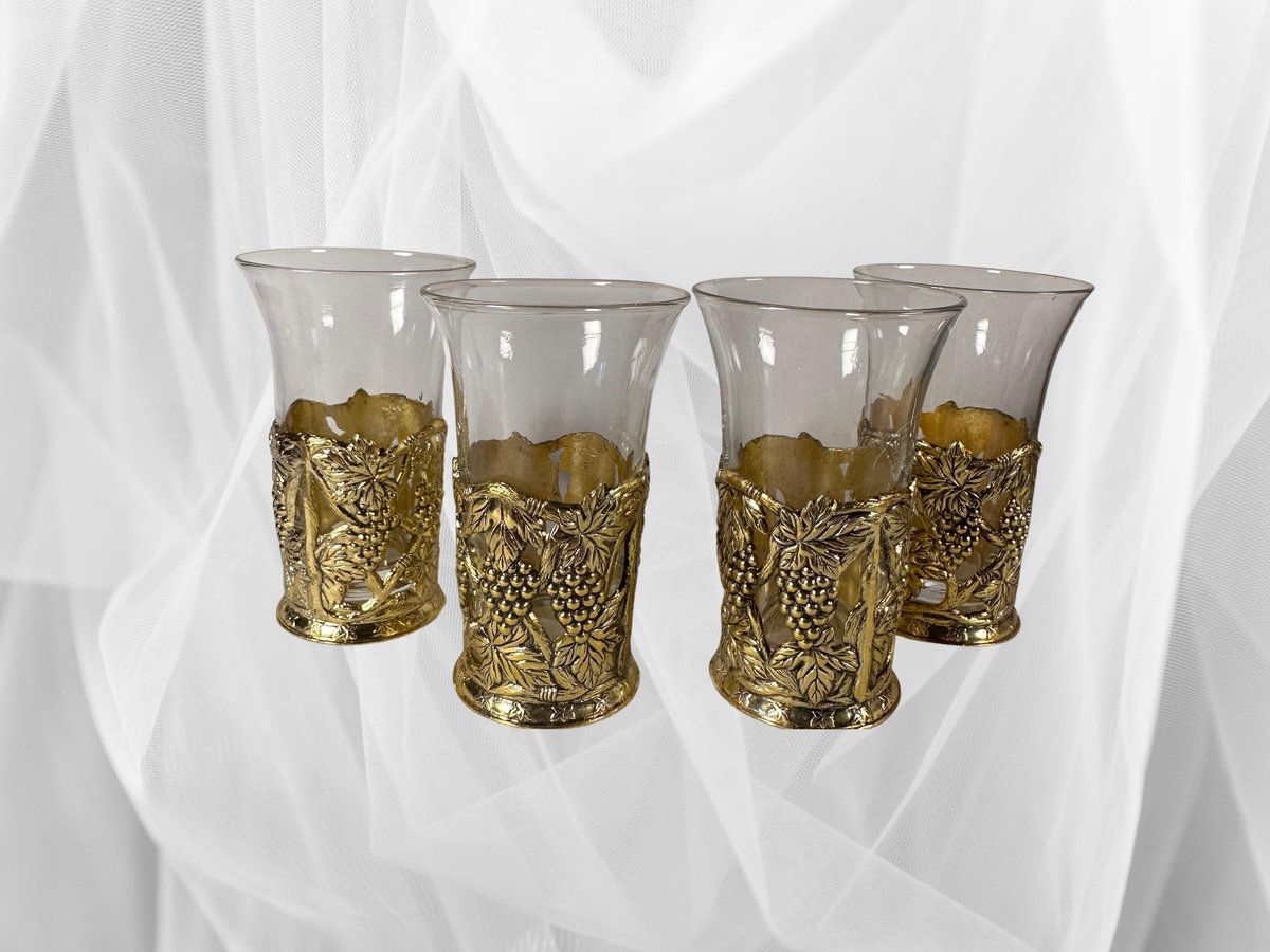 Vintage Gold-Tone Grapevine Cordial Glasses with Ornate Holders Set of 4