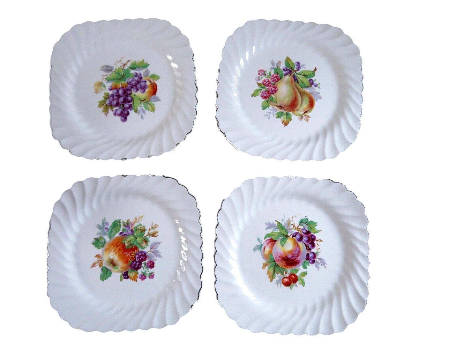 Vintage Johnson Brothers Snow White Salad Plates, Fruit Designs, Platinum Rim (Set of 4)