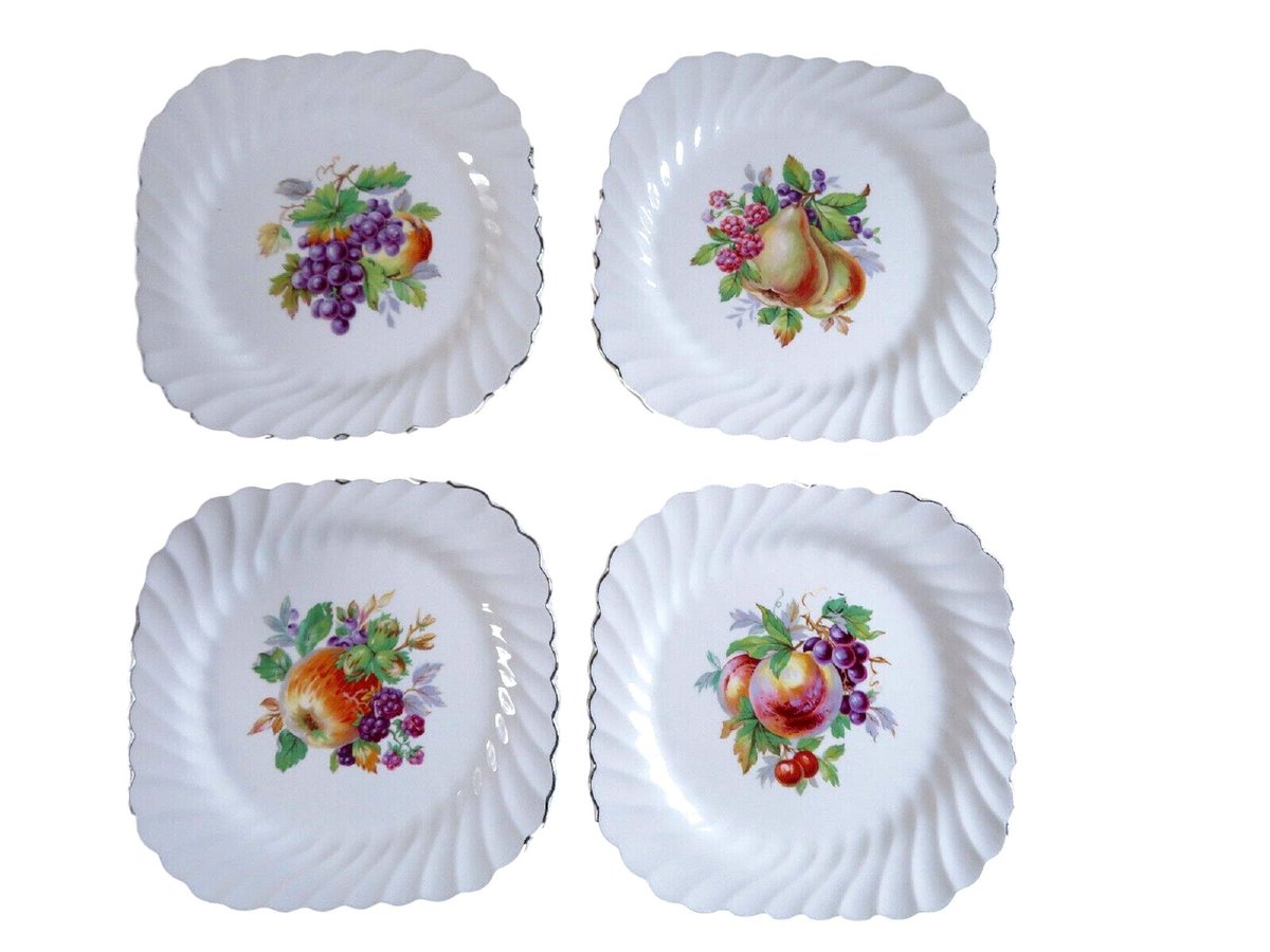 Vintage Johnson Brothers Snow White Salad Plates, Fruit Designs, Platinum Rim (Set of 4)