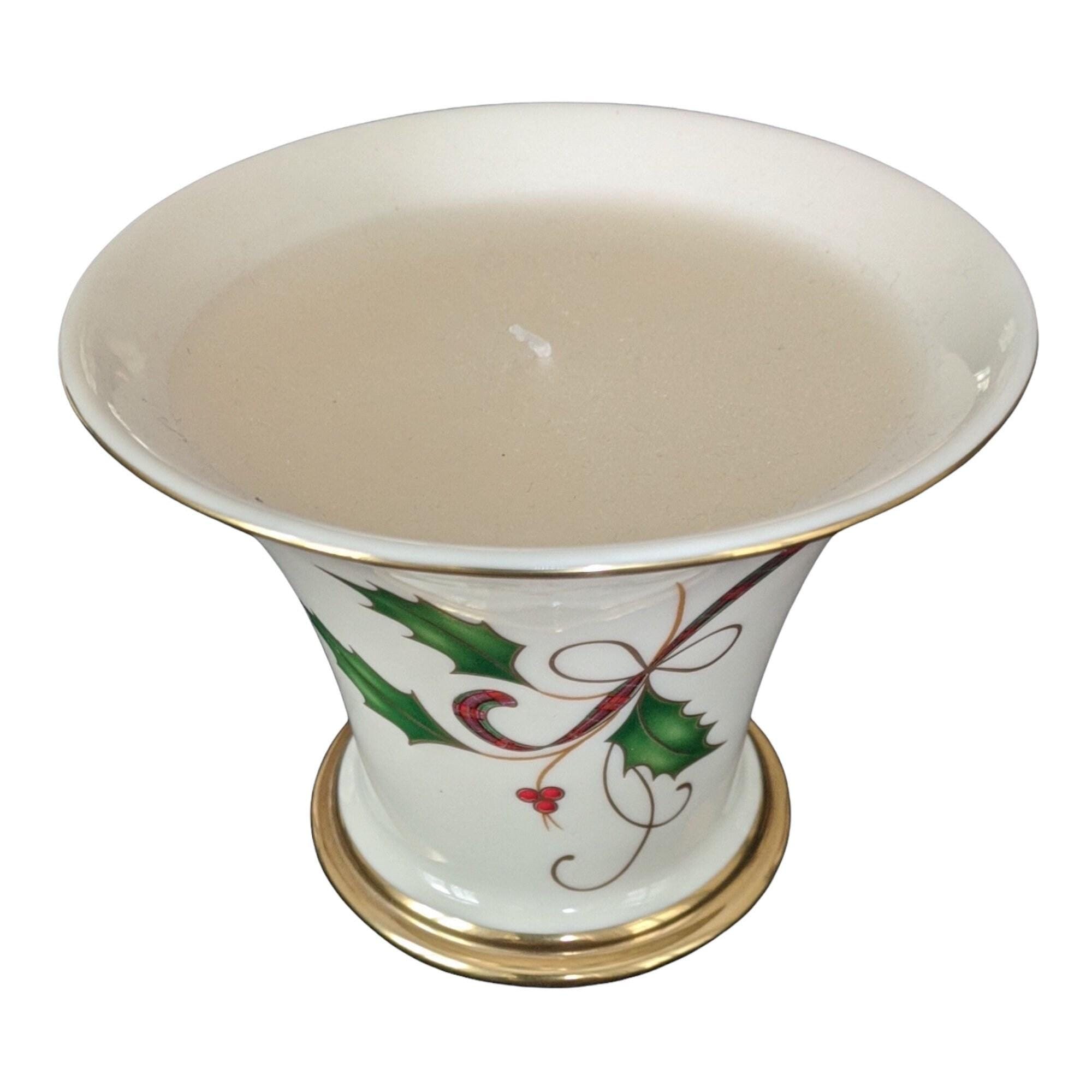 Vintage Lenox Christmas Candle Holder, Fine Bone China, Gold Trim, Holly Decor