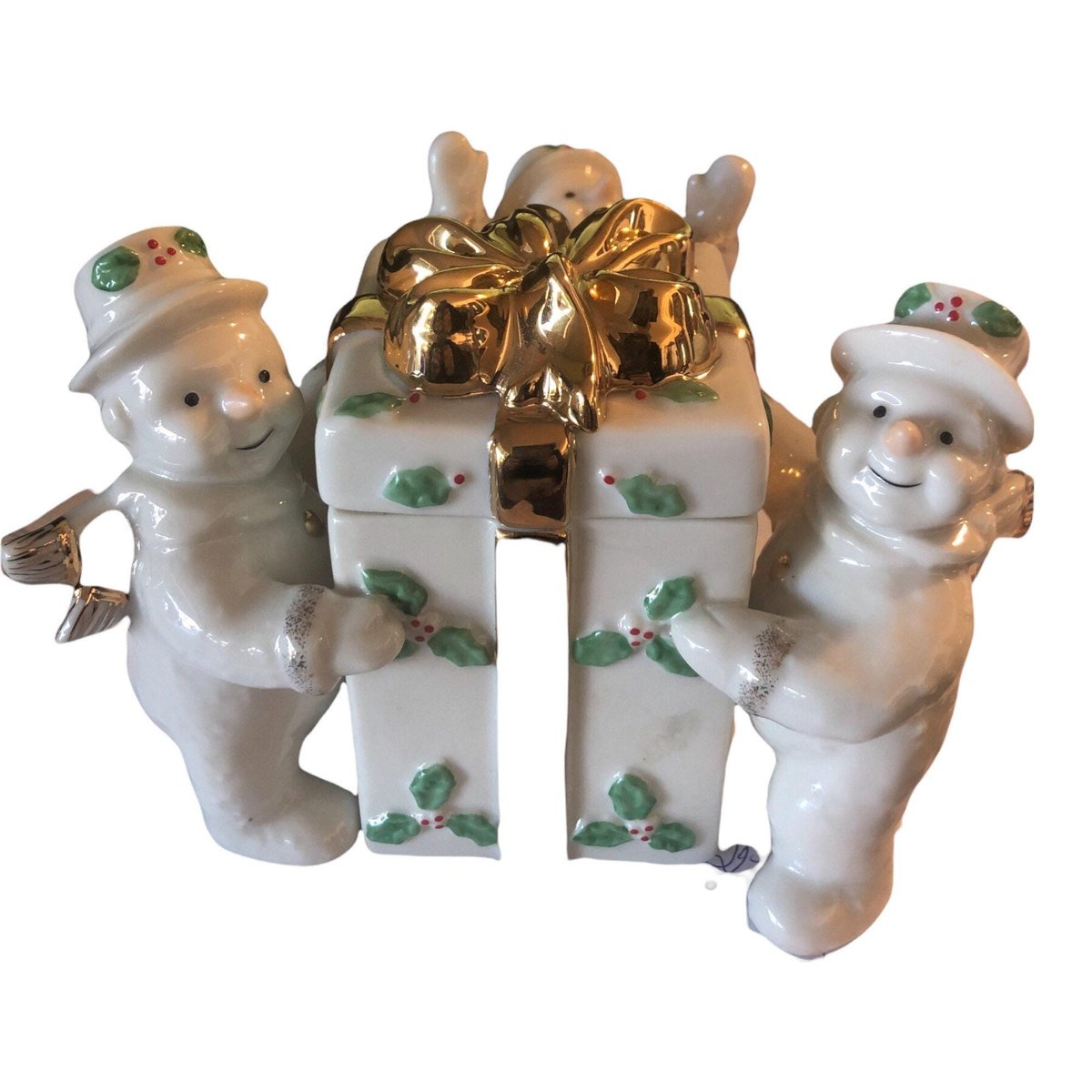 Vintage Mikasa Snowman Ribbon Holly Trinket Box, FK017/603, Ceramic Christmas Art Keepsake