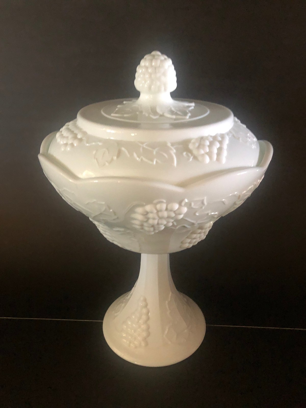 Vintage Milk Glass Candy Dish with Lid, Mid Century Grape Motif Bowl, Wedding Centerpiece