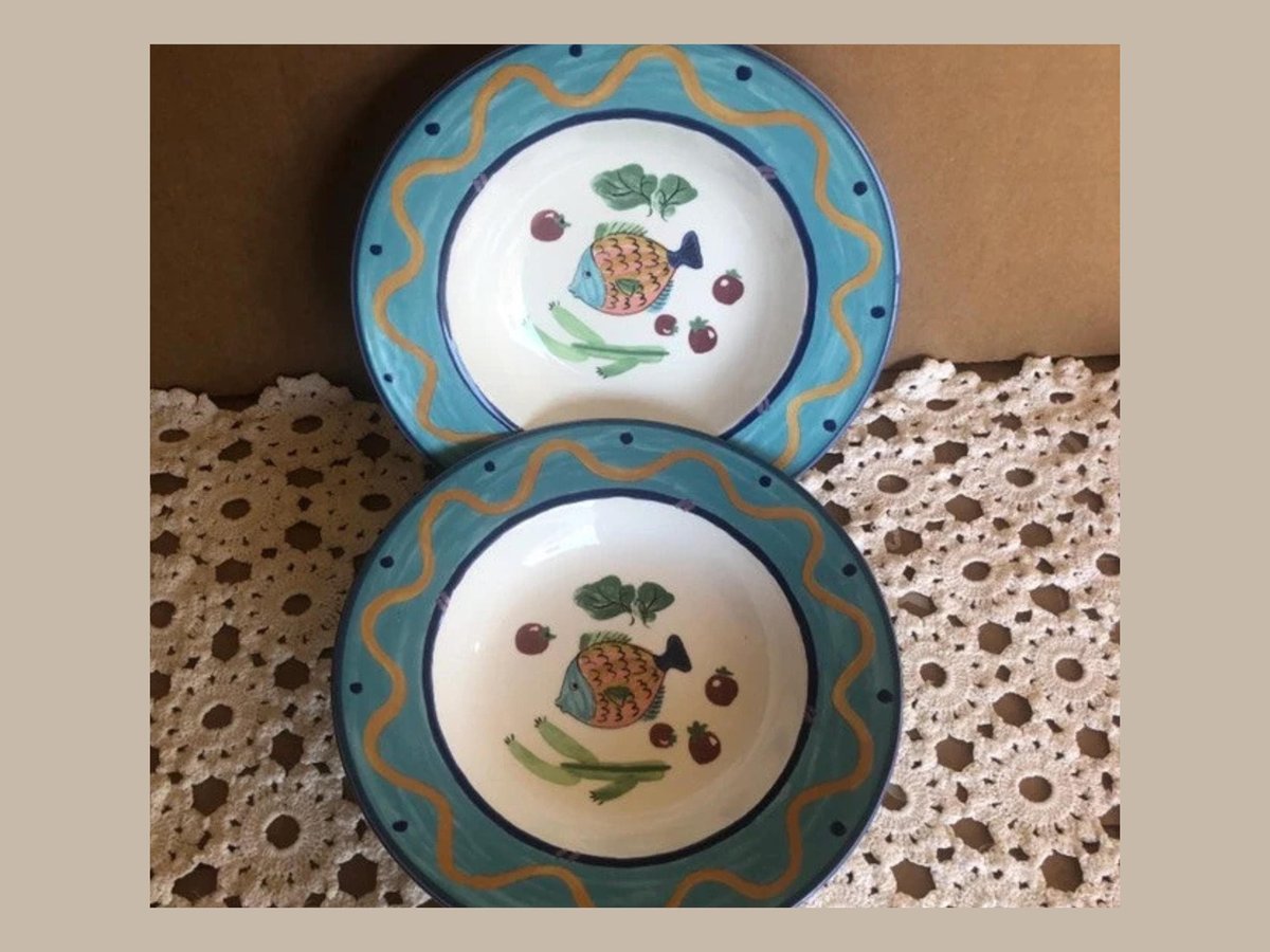 Vintage Nautical DInnerware SOUP or PASTA BOWLS Ocean Collage Set of 2