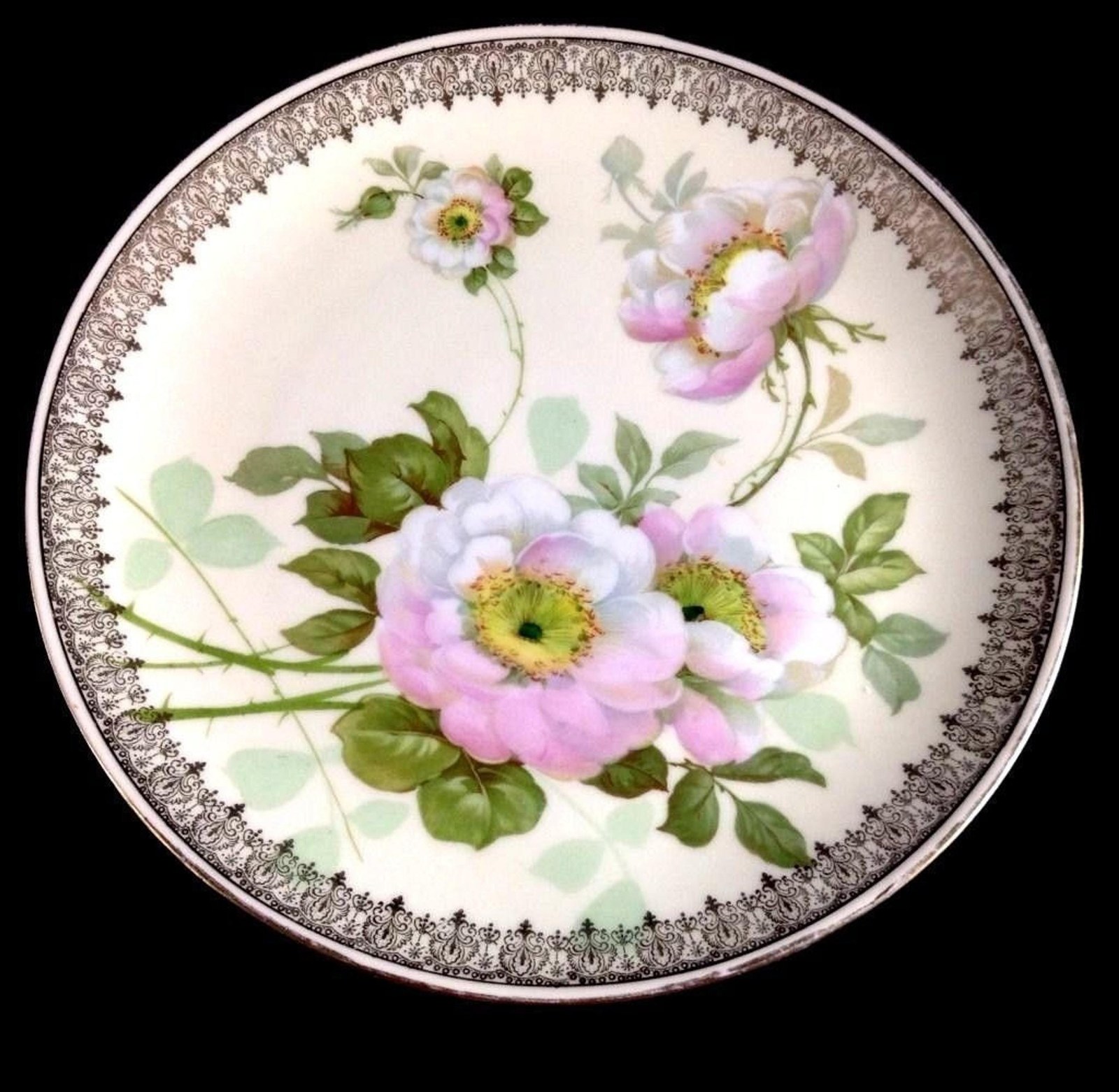 Vintage Plate, Hand Painted Pink Roses, Gold Trim
