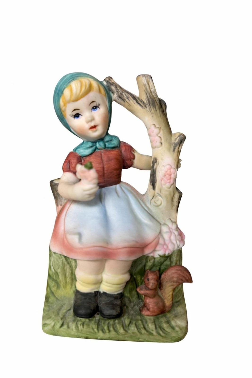 Vintage Porcelain Music Box, Sankyo girl figurine, cream pastel bench