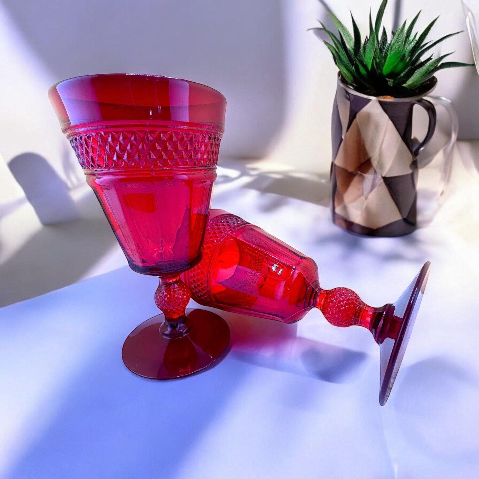 Vintage Ruby Red Water Goblets, Viking Glass Goblets, Set of 2