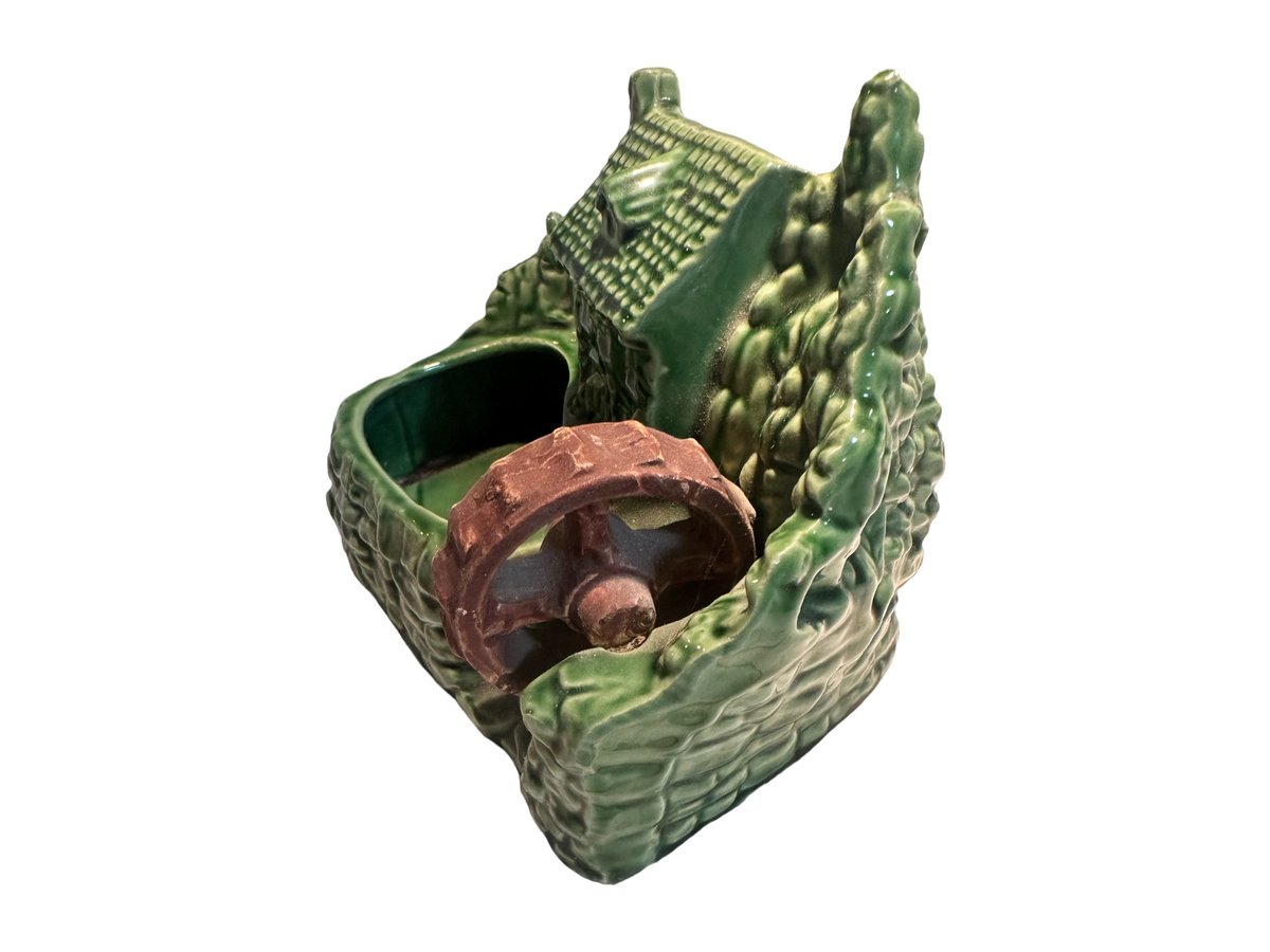 Vintage Shawnee Art Pottery Planter: Green Water Wheel Grist Mill