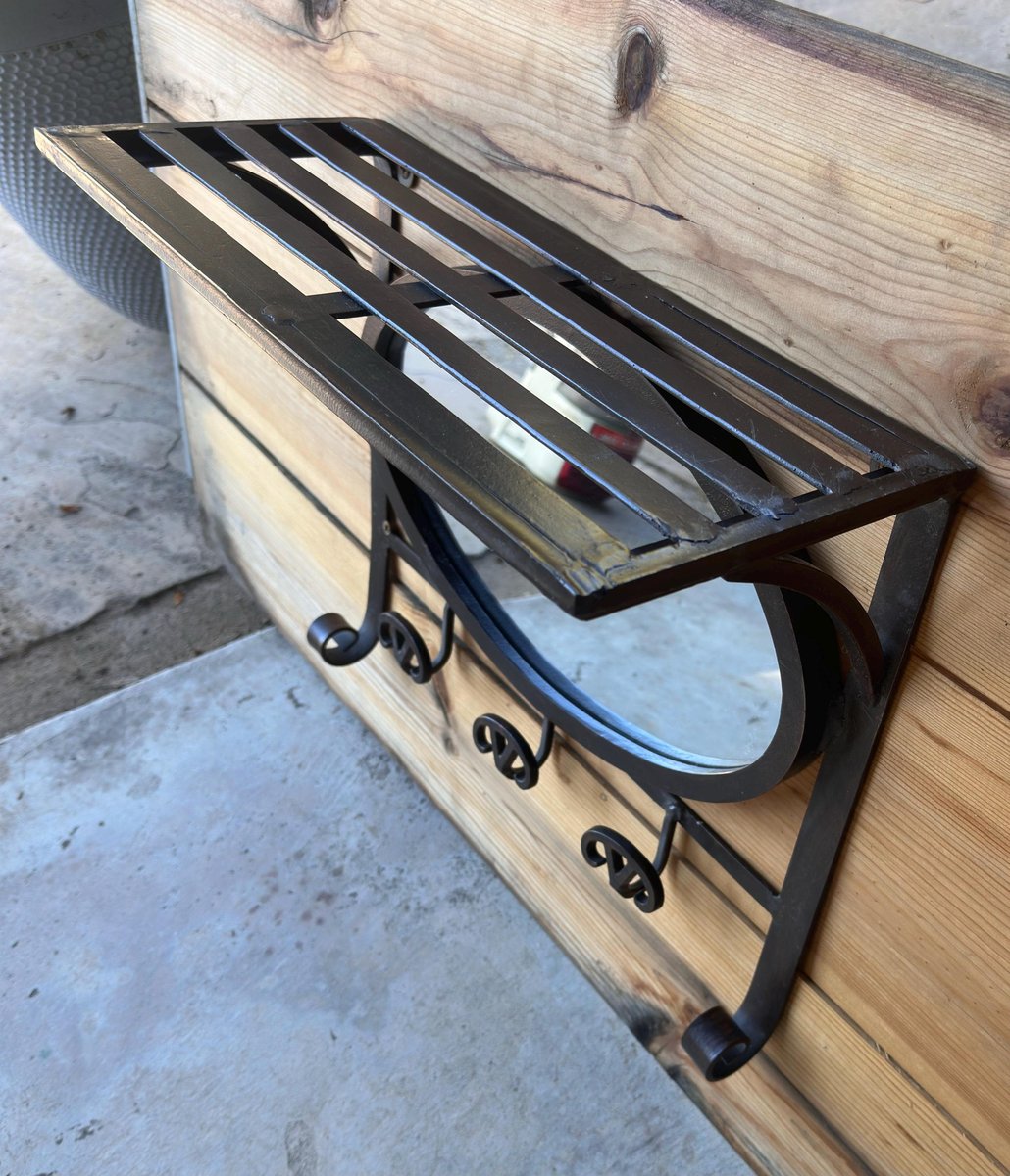 Wall Shelf Wrought Iron Western Hat Rack, 3 Hooks and Mirror