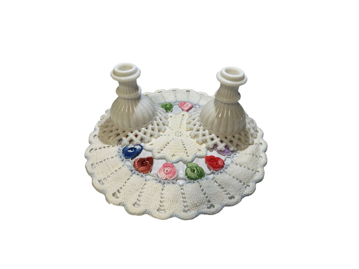 Westmoreland Milk Glass Candle Holder Set with Crocheted Floral Doily