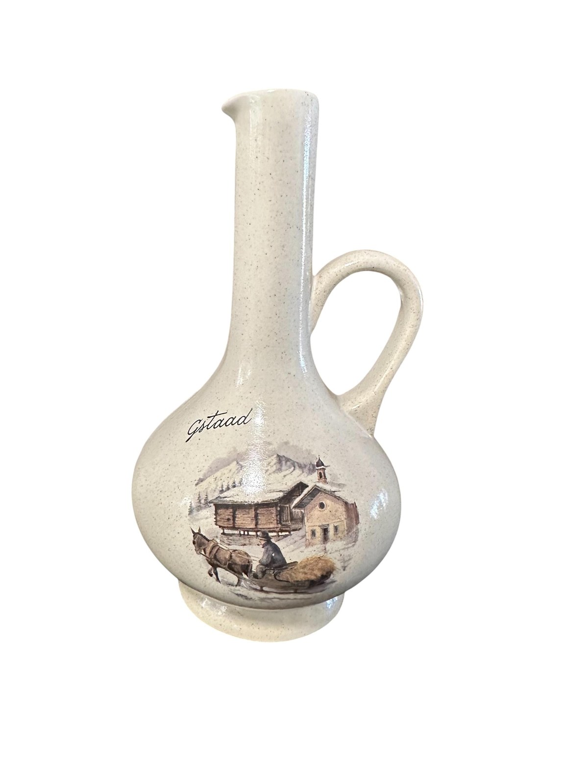Winter Scene Switzerland Stoneware Jug, Handcrafted Collectible Pottery