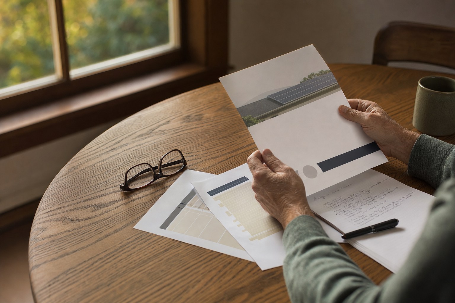 Solar agreement documents organised on a table