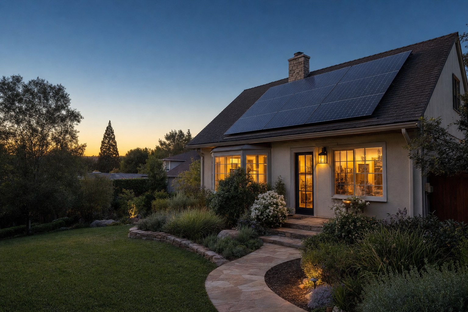 A house with rooftop solar panels in the evening