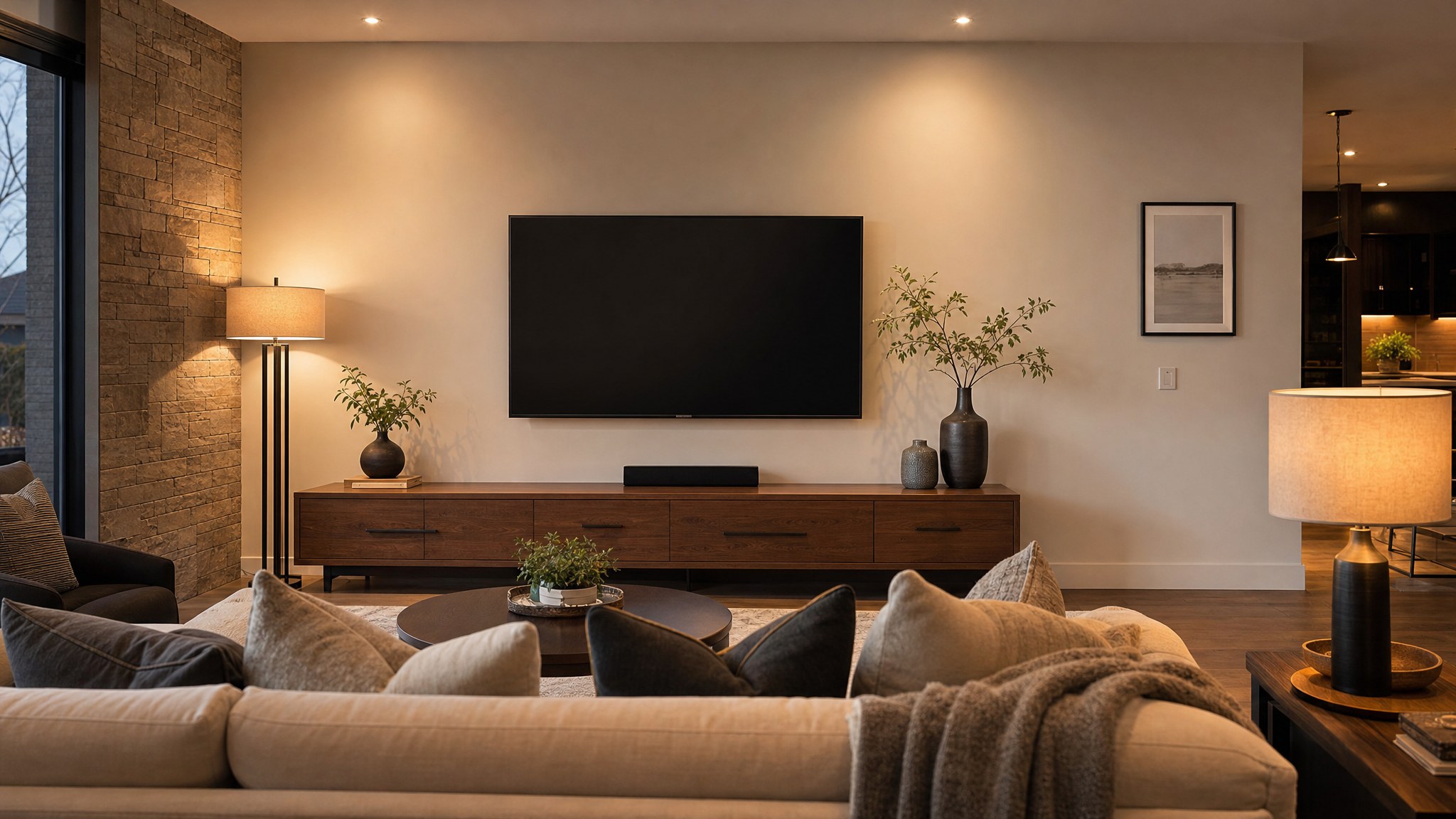 Wall-mounted television at a comfortable height in a warm modern living room