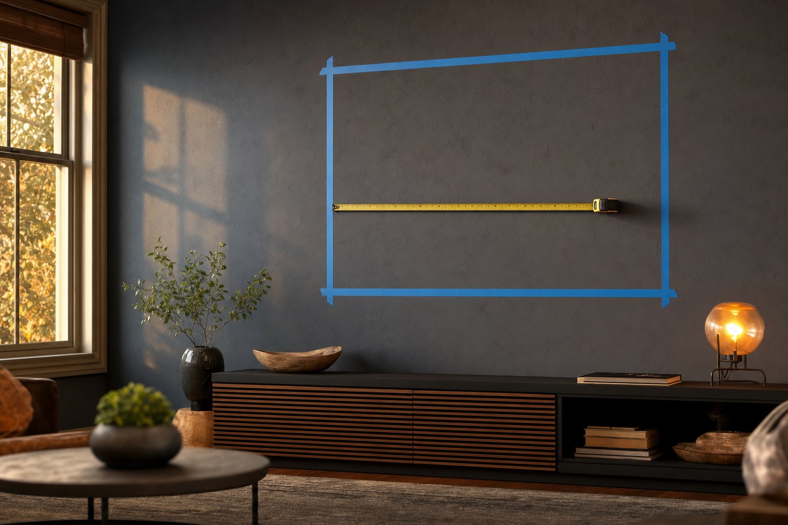 Painter’s tape outline and tape measure used to plan television placement on a dark wall