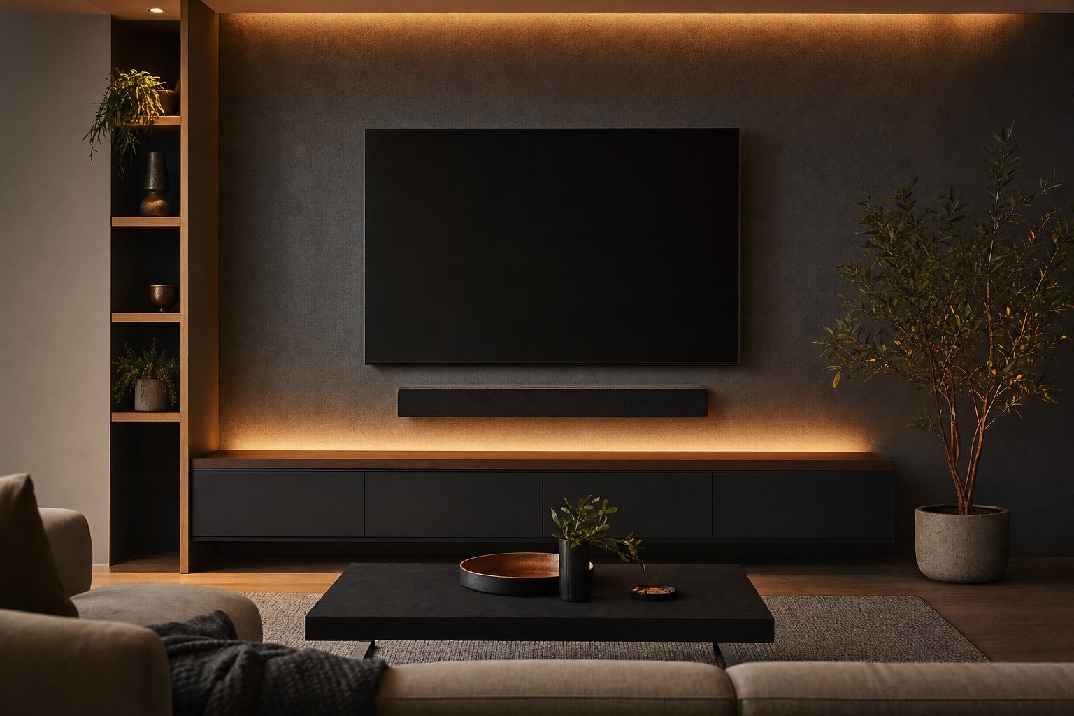 Wall-mounted television and aligned soundbar on a dark, cable-free feature wall